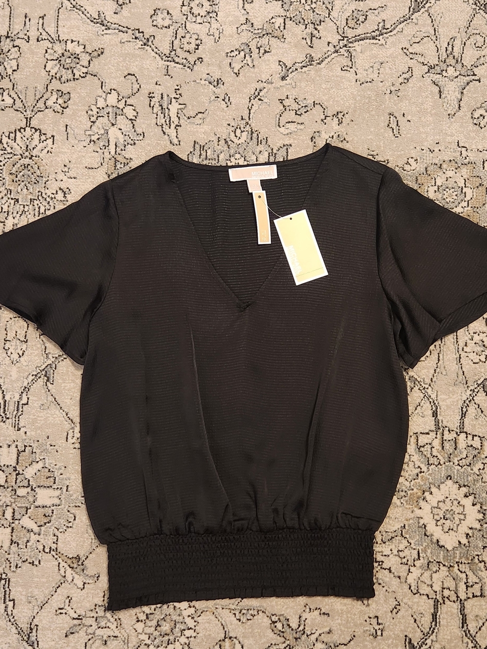 Michael Kors Black V-Neck Smocked Hem Top